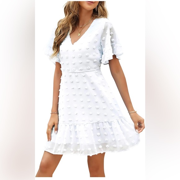 Swiss Dot Dress V-Neck Ruffle Short Sleeve Summer Casual Flowy Shift Mini Dress - Picture 1 of 5